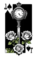 roses with clock switchblade and king of hearts playing card tattoo design idea