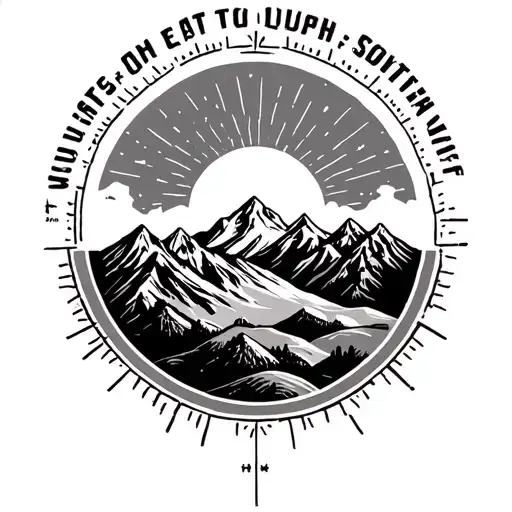 mission mountains, sunray inside circle with north east south west tattoo design idea