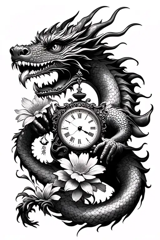 chinease dragon holding scales in mouth with a clock built in the body along with cosmos flowers.  tattoo design idea