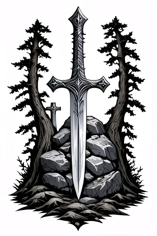 sword and stone surrounded by three crosses middle one Being the biggest also being surrounded by trees tattoo design idea