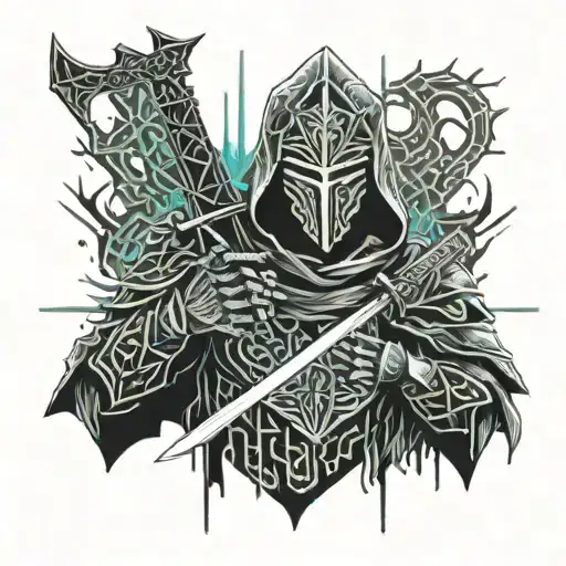 dark souls knight in hood holding sword tattoo design idea