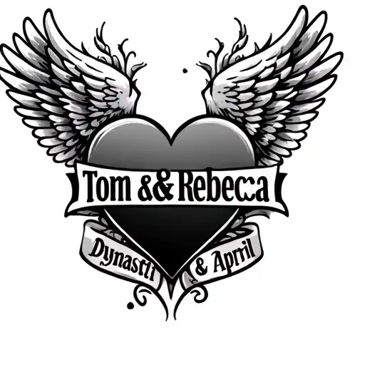 "Tom & Rebecca" "Dynasti & April" "Dynasti & April" names inside a heart with wings flying tattoo design idea