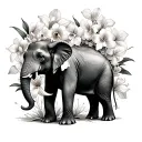 elephant with trunk up and surrounded with orchids, tulips, and hibiscus flowers tattoo design idea