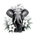 elephant with trunk up and surrounded with orchids, tulips, and hibiscus flowers tattoo design idea