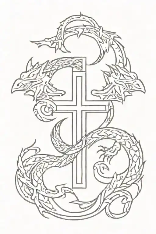 small cross with Aztec dragon wrapped tattoo design idea