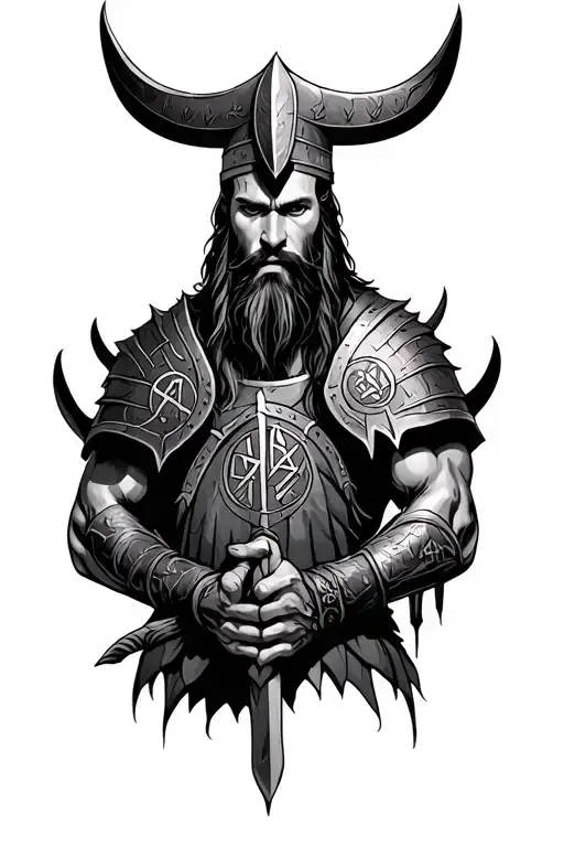 viking warrior with runes tattoo design idea