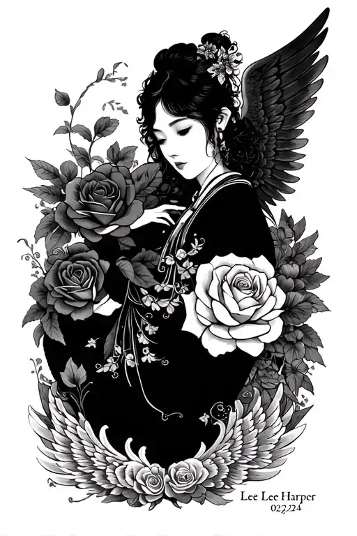 "Lee Harper and date 02/27/24" rosses and angel wing spread wide tattoo design idea