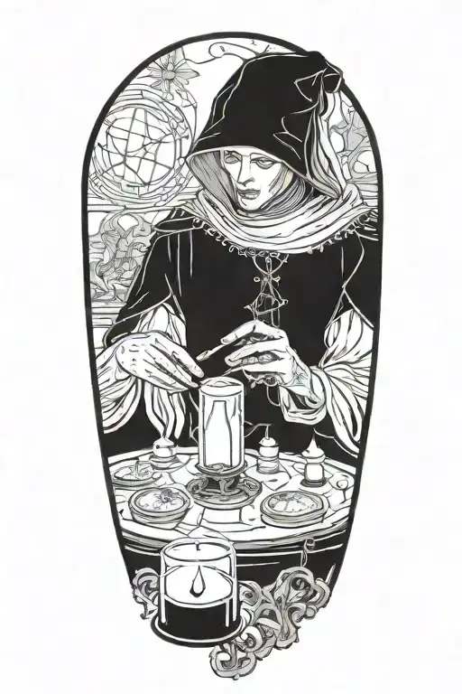 Faceless cultist performing ritual, tarot cards, candles tattoo design idea
