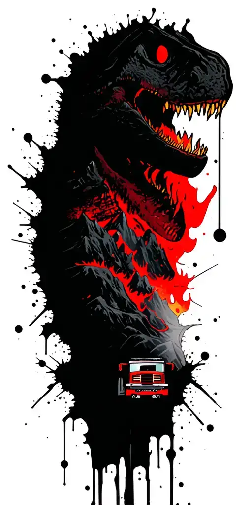 map with landmarks with road, mountains, trex fire truck, mountain bike drum set, cassette tape, book on fire, tattoo design idea