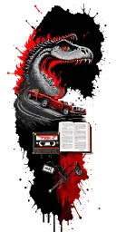 map with landmarks with road, mountains, trex fire truck, mountain bike drum set, cassette tape, book on fire, tattoo design idea