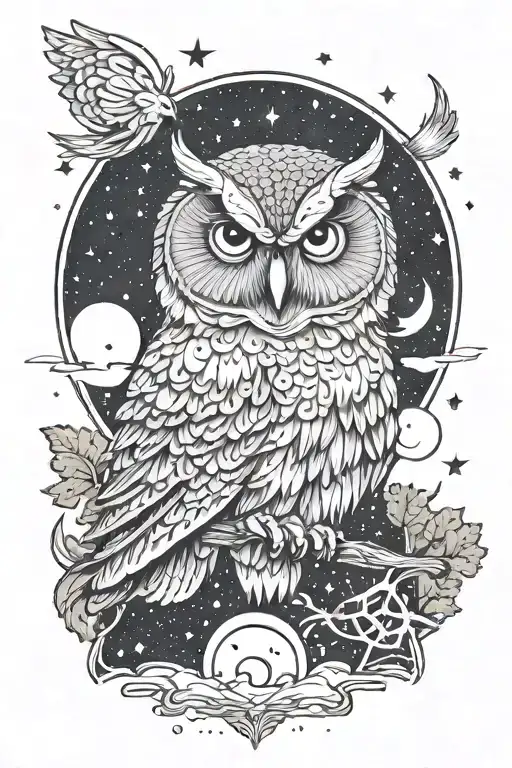 A galaxy scene with a wise owl meditating under a starlit sky, representing inner peace and wisdom tattoo design idea