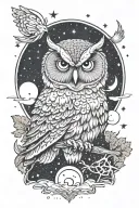 A galaxy scene with a wise owl meditating under a starlit sky, representing inner peace and wisdom tattoo design idea