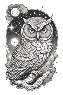 A galaxy scene with a wise owl meditating under a starlit sky, representing inner peace and wisdom tattoo design idea