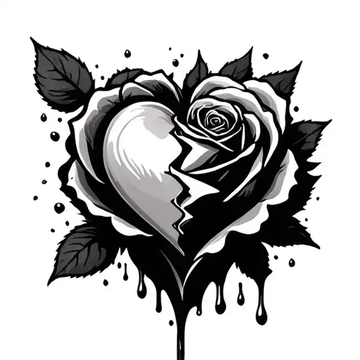 A black and white minimalist tattoo of a broken heart bleeding rose petals.  tattoo design idea