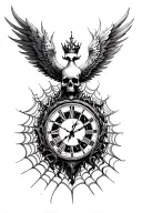 Phoenix clock skull with crown fire angel winds spiders climbing cobwebs tattoo design idea