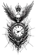 Phoenix clock skull with crown fire angel winds spiders climbing cobwebs tattoo design idea