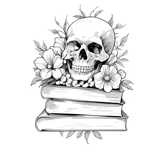 A stack of books with skulls and flowers intertwined between them tattoo design idea