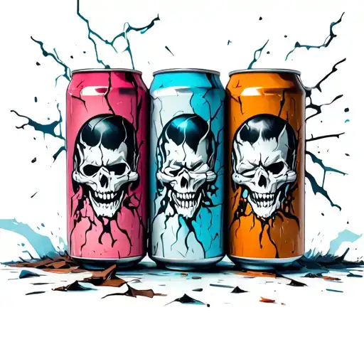  3 alcahol cans broken and crumpled each one with speak no see no and hear no evil spirit's inside  tattoo design idea