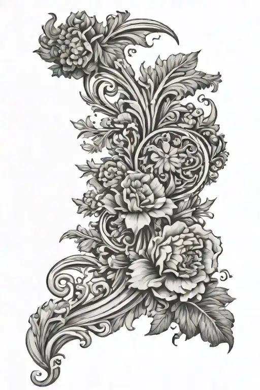  A detailed and intricate arm sleeve tattoo design blending classical Renaissance art elements with natural motifs. tattoo design idea