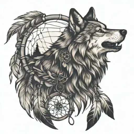 wolf and a dreamcatcher tattoo design idea