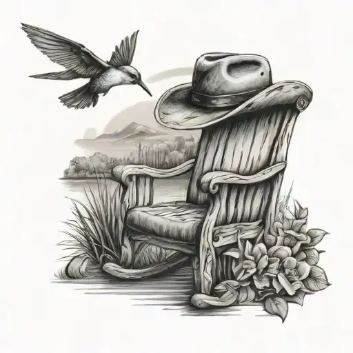 Rocking chair with cowboy hat cowboy boots and a hummingbird overlooking a pond and country scene tattoo design idea