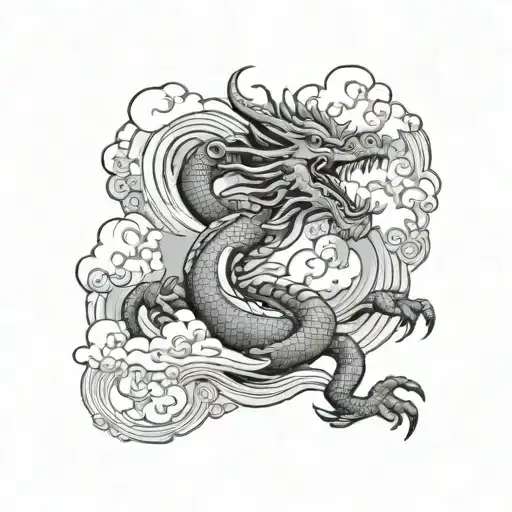 An elaborate tattoo design inspired by Chinese heritage, showing a dynamic dragon flying through swirling clouds above t tattoo design idea