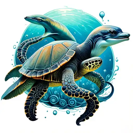 turtle and dolphin and octopus under the sea sleeve tattoo tattoo design idea