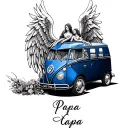 Volkswagon dark blue, angel wings surronding it with papa in cursive underneath tattoo design idea