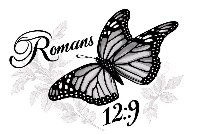 "Romans 12:9" "Romans 12:9" small monarch butterfly flying tattoo design idea
