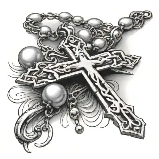 a pearl necklace that starts from the forearm that goes around my forearm that ends with a cross of Jesus tattoo design idea