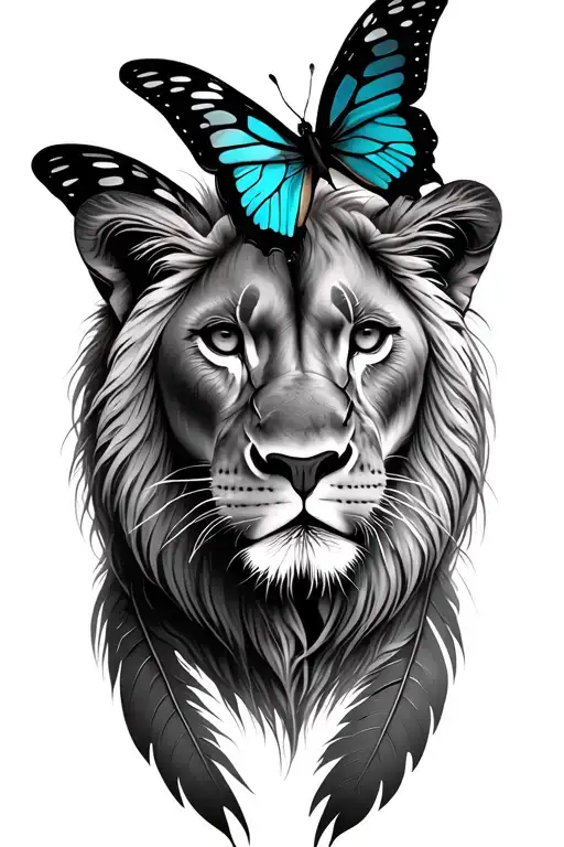 lioness and two butterflies in feather outline tattoo design idea