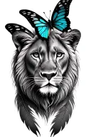 lioness and two butterflies in feather outline tattoo design idea