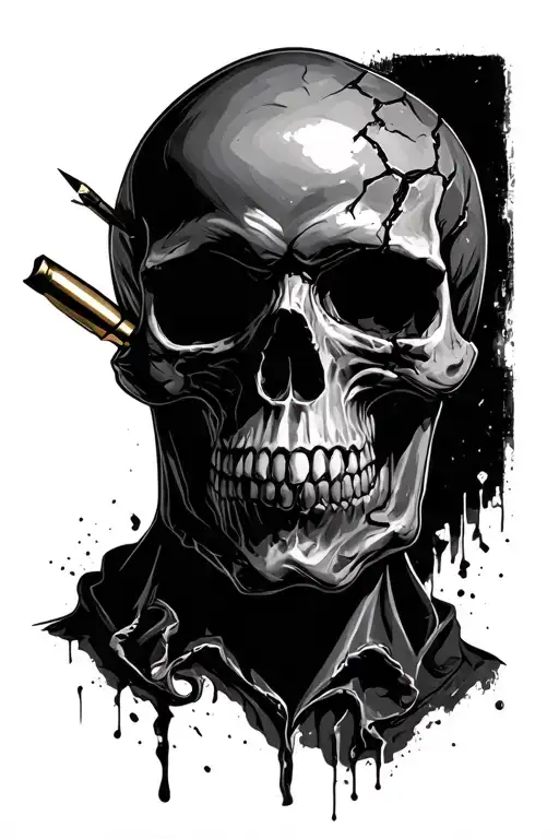 broken skull met 1 bullet in his forehead tattoo design idea
