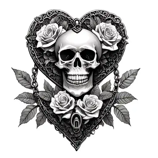 lace skull roses locket heart shaped lock tattoo design idea