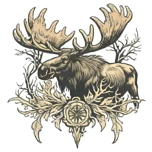 single moose antler with raven perched on top tattoo design idea