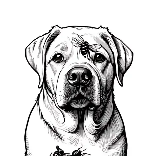 labrador with a bumble bee sitting on his nose. simplistic fine line tattoo. black and white or barely any color tattoo design idea