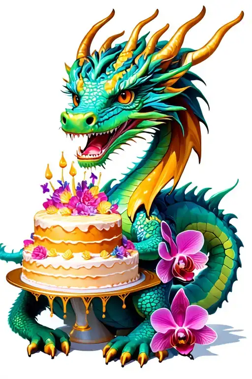 Colorful dragon holding a cake with orchid embellishments tattoo design idea