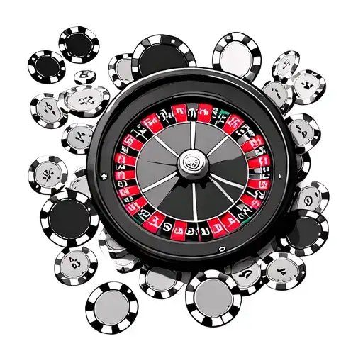 Roulette wheel, cards, chips scattered along tattoo design idea