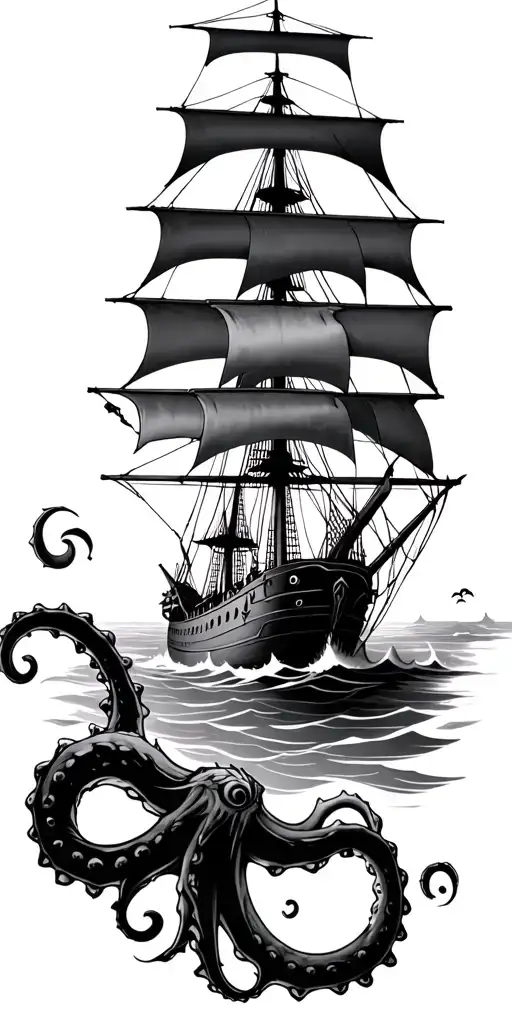 Pirate ship sailing through stormy seas, being attacked by a kraken tattoo design idea