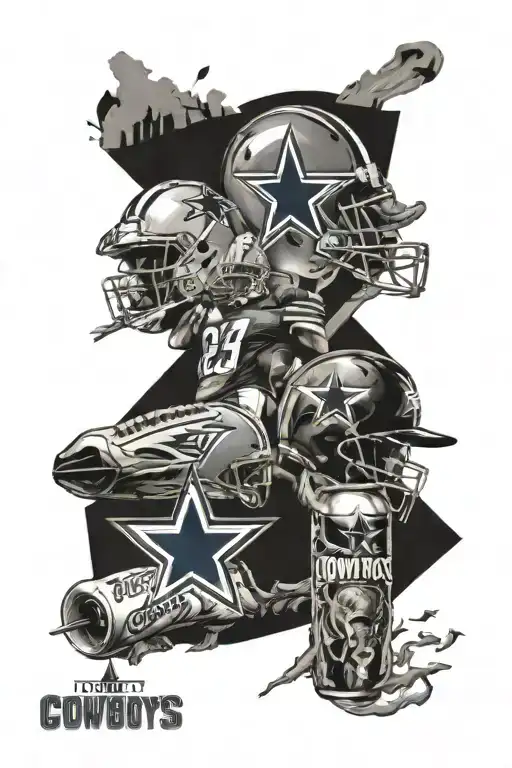 A collage of Dallas Cowboys players, Bud Light cans, and meat cuts in a black-grey style tattoo design idea