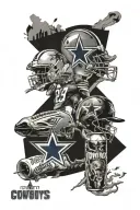 A collage of Dallas Cowboys players, Bud Light cans, and meat cuts in a black-grey style tattoo design idea