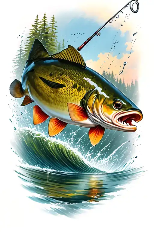 fishing scene with steelhead trout jumping tattoo design idea