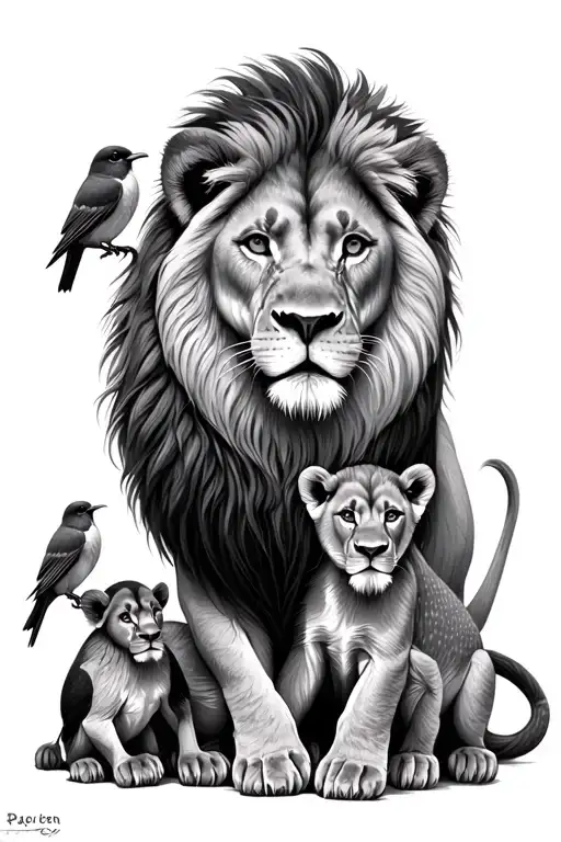 lion with cubs with robin bird tattoo design idea