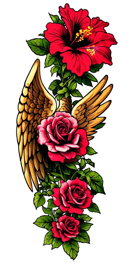 Aquarius and wings with roses mayflowers hibiscus tattoo design idea