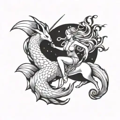 sexy fairy riding a Ninetails with moon tattoo design idea