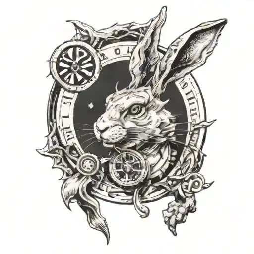 Hare with watch in hand and an om symbol on its forehead. A sichel moon in the background surrounded by a dragon tattoo design idea