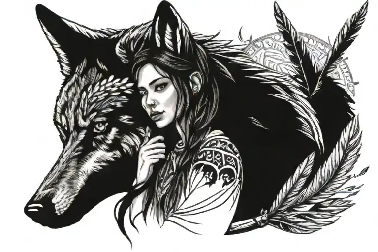 wolf trees feathers indian girl sitting with him tattoo design idea
