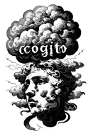 cloud that represents thinking, without human face, over it word cogito, philosophy insipred tattoo tattoo design idea