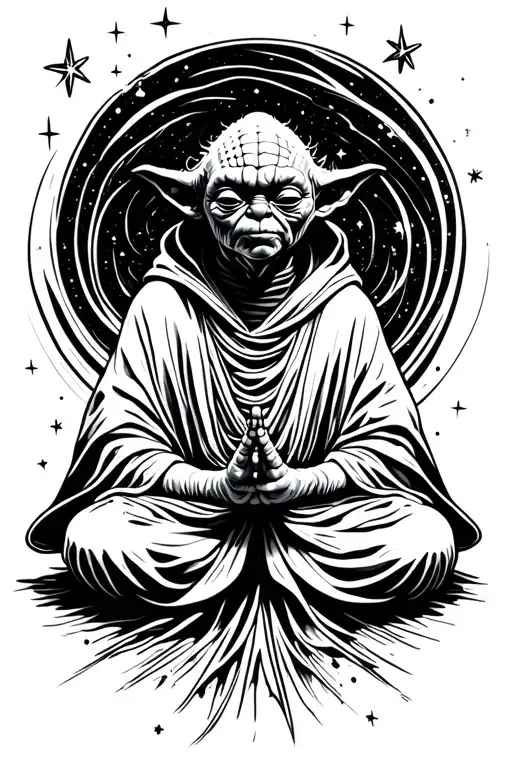 A fine-line tattoo of Yoda’s silhouette meditating, with swirling galactic stars forming his cloak. Inside the cloak tattoo design idea