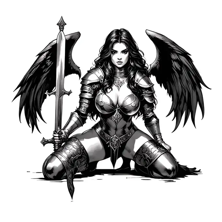 sexy female knight, big breasts, thick thighs, on knees, holding sword, Two arms, Two legs  tattoo design idea